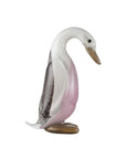 Decorative duck sculpture with a white and pink body on a white background