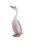 Glass duck figurine with a pinkish-beige body and white neck on a white background