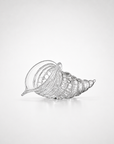 A clear cut crystal seashell-shaped bowl with a ribbed spiral design, photographed on a clean white background.