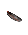 Black and red boat shape glass platter on a white background with a modern artwork and red dividing line by Evans Atelier available at Spacio retail stores in Mumbai & Kolkata.