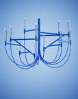 Blue modern chandelier against a blue background