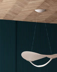 Modern pendant light hanging from a wooden ceiling with a dark blue wall background
