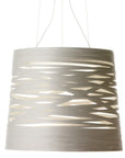 Modern pendant light with wavy design on a white background