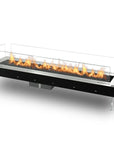 Modern gas fireplace from Planika with flames on a white background, available at Spacio retail stores in Mumbai & Kolkata.