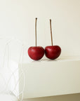 Two red cherries on a white surface with a light background