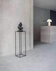 Modern interior with a black pedestal holding a decorative object against a gray wall.