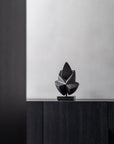 Black abstract sculpture on a dark wooden surface with a light gray wall background