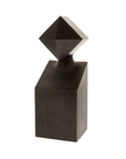 Geometric bronze sculpture with a diamond-shaped top on a white background