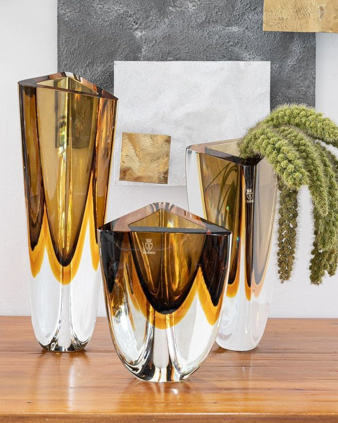 A group of Gardeco Glass Vase Triangle 3 Fume Amber vases with bicolour glass.
