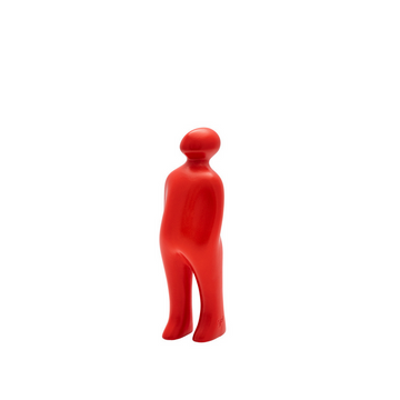 An art sculpture titled "Gardeco Ceramic Sculpture Visitor Small Red Urucum," featuring a red figurine standing on a white background.