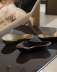 Collection of Gardeco AME Ameba Platters in luxury finishes, displayed on a glossy black table – available at Spacio India