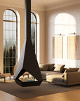 Modern living room with a hanging black fireplace