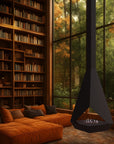 Cozy living room with bookshelves, orange sofa, and a modern fireplace.