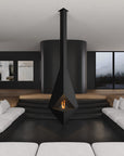 Modern living room with a black freestanding fireplace.