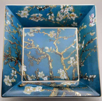 A Goebel Vincent Van Gogh Almond Tree Blue Square Bowl 66879750 tray with an almond tree painting.