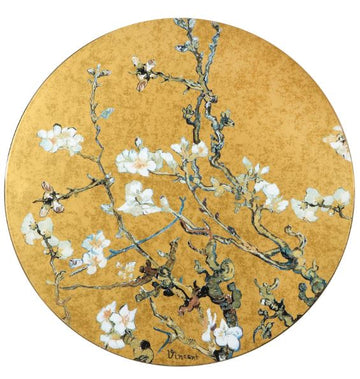 A large round porcelain mural with a real gold plating accentuating an almond blossom, making it the Goebel Vase Almond Tree Gold Wall Decoration Plate Large 67061891 (Ltd Edition), is a trendy wall decoration.