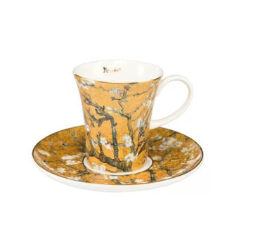 A Goebel Vincent Van Gogh Almond Tree Gold Tea Cup 67011571 with a gold finish and almond blossom design inspired by Vincent van Gogh.
