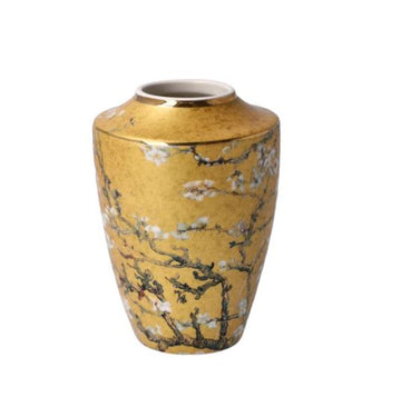A Goebel Vincent van Gogh artwork featuring a Goebel Vincent Van Gogh Almond Tree Gold Vase 67016061 with flowers on it, capturing the essence of spring.