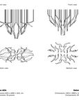 Technical details with front and bottom views on a white background of a fluid art light installation by Iris Cristal, available at Spacio retail stores in Mumbai & Kolkata.
