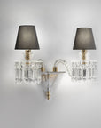Full frontal view of Italamp Margot Wall Lamp with dual crystal arms, black fabric shades, and artistic glass, designed in Italy, at Spacio India.