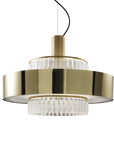 Close-up view of Italamp Crono Suspension Lamp showing polished gold metal frame and precision-cut glass pendants, showcased by Spacio India.