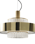 Close-up view of Italamp Crono Suspension Lamp showing polished gold metal frame and precision-cut glass pendants, showcased by Spacio India.