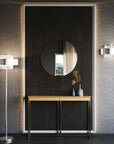 Modern hallway styled with Italamp Crono Wall Lamp from Italy, available at Spacio India. Features etched glass, satin gold structure, and a console table with luxury decor.