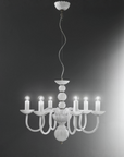 Minimal Italamp Evoque six-light chandelier with curved arms and white Murano-style glass, Italian lighting design at Spacio India