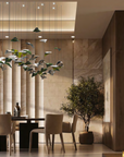 Italamp Kaleido Ori sculptural fluid art installation light above a dining table in a luxury apartment interiors