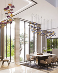 Italamp Kaleido Ori sculptural fluid art installation light in a luxury living & dining room with high ceiling