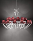 Close-up of Italamp Libellula Suspension Chandelier in clear glass with bordeaux fabric shades – high-end Italian lighting at Spacio India