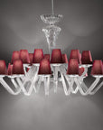 Close-up of Italamp Libellula Suspension Chandelier in clear glass with bordeaux fabric shades – high-end Italian lighting at Spacio India
