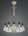 Studio shot of Italamp Margot Chandelier showcasing hand-cut crystal, light gold frame, and black fabric shades – Italamp Italy chandelier at Spacio India