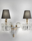 Full frontal view of Italamp Margot Wall Lamp with dual crystal arms, black fabric shades, and artistic glass, designed in Italy, at Spacio India.