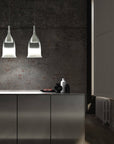 Two white shaded Italamp Nola Pendant Lamps hanging in a contemporary kitchen space – modern Italian lighting solution offered by Spacio India.