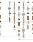 Line-up of pendant compositions A to I from Italamp Odette Odile Collection with design measurements, available through Spacio India.