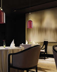 Italamp Valentina red pendant lamps in fine dining setting, luxury lighting available at Spacio India