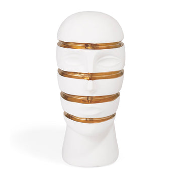 A white mannequin head with gold strips, perfect for luxury decor or as a statement piece inspired by the Jonathan Adler Sculpture Atlas Sliced Bust White Gold.