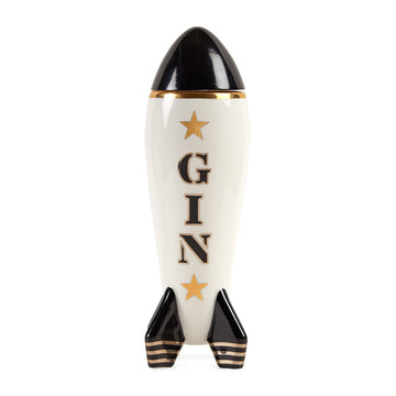 A JA Decanter Rocket Gin with the word Jonathan Adler on it, representing the perfect combination of bar and gin.