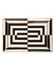 A black and white rectangular tray with a gold trim, showcasing modern artistry inspired by Op Art - JA Op Art Rectangle Tray Black White from Jonathan Adler.