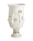 A white JA Vase adorned with elegant gold designs, showcasing the artistry and creativity of Jonathan Adler's Gilded Muse Dora Maar Urn.