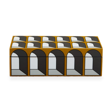 The JA Lacquer Arcade Box Small, by Jonathan Adler, features a sleek rectangular design adorned with captivating black and white geometric patterns.