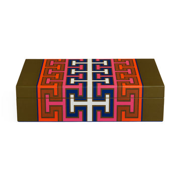 Jonathan Adler Lacquer Madrid Large Box with a bold geometric pattern and high-gloss shine on white back ground available at Spacio India for luxury home decor accessories collection of decorative boxes.