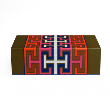 Jonathan Adler Lacquer Madrid Box Medium with a bold geometric pattern that showcases a high-gloss shine on white back ground available at Spacio India for luxury home decor accessories collection of decorative boxes.