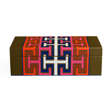 Jonathan Adler Lacquer Madrid Box Small showcases a vivid geometric design with a high-gloss shine on white back ground available at Spacio India for luxury home decor accessories collection of decorative boxes.