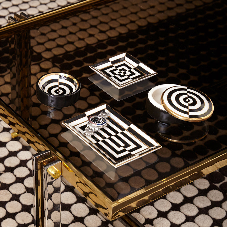 Top view of Jonathan Adler Op Art Rectangle Glided Tray with other Op Art Bowls & Tray on a coffee table available at Spacio India for Luxury Home Decor accessories collection of Decorative Trays.