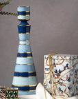 Jonathan Adler Chroma Large Blue Decanter hand-painted in vibrant blue glaze and gold accents, available at Spacio India.