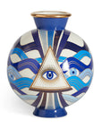 Close-up of Jonathan Adler Druggist Eye Vase featuring a central triangular eye motif - luxury porcelain vase with gold trim and blue pattern, available at Spacio India.