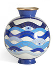 Back side of Jonathan Adler Druggist Eye Vase featuring wavy blue stripes and subtle eyes - decorative art glass available at Spacio India.