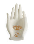 Front view of Jonathan Adler Gilded Muse Eve Fruit Bowl featuring iconic gold eye and teardrop symbols – Spacio India
